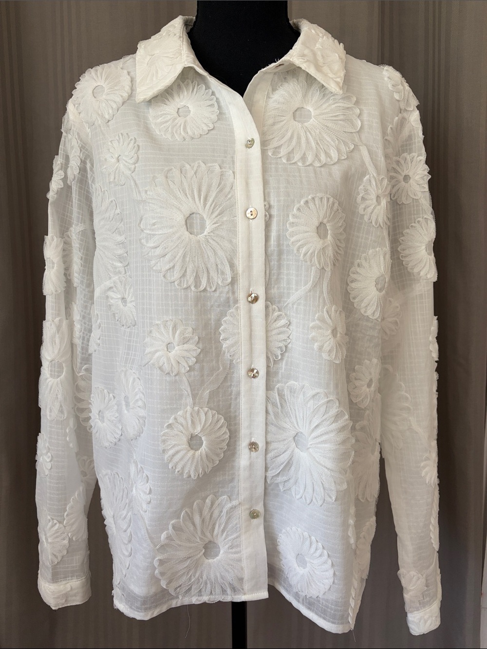 Nanette Lepore White Floral Appliqué Button-Down Shirt